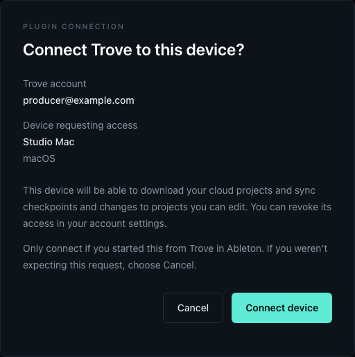 The browser page asking to connect Trove to this device, with a Connect device button
