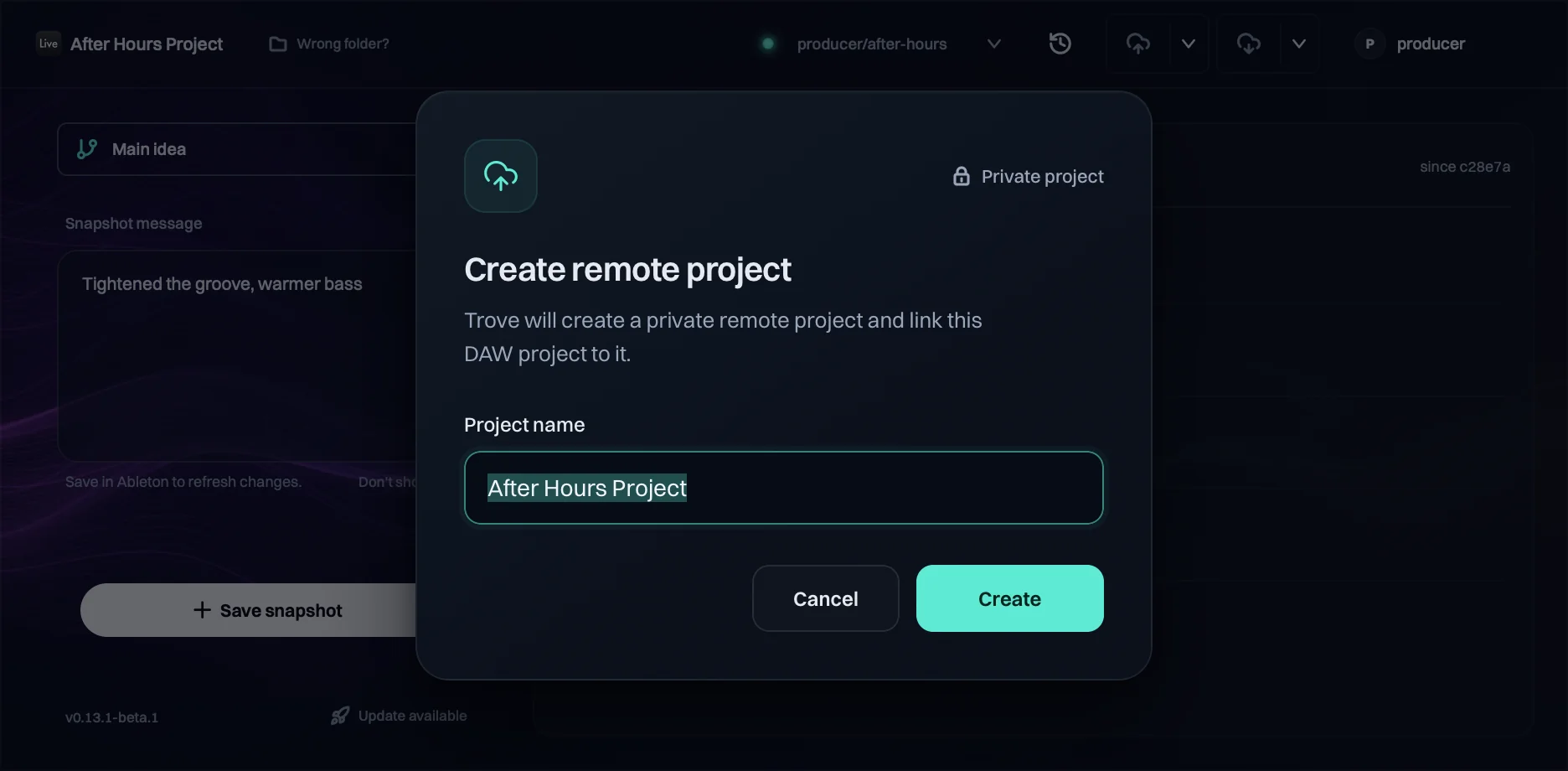 The Trove VST's Create remote project dialog, with the project name filled in and Cancel and Create buttons