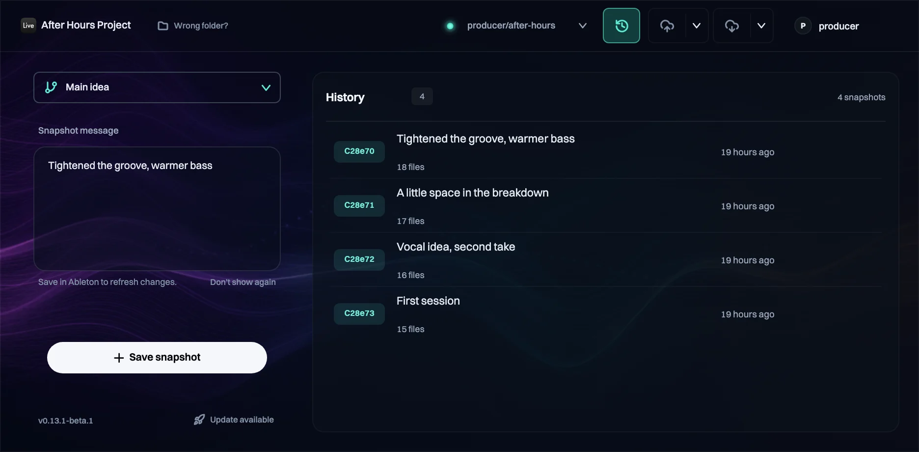 The Trove plugin history with four snapshots and their notes