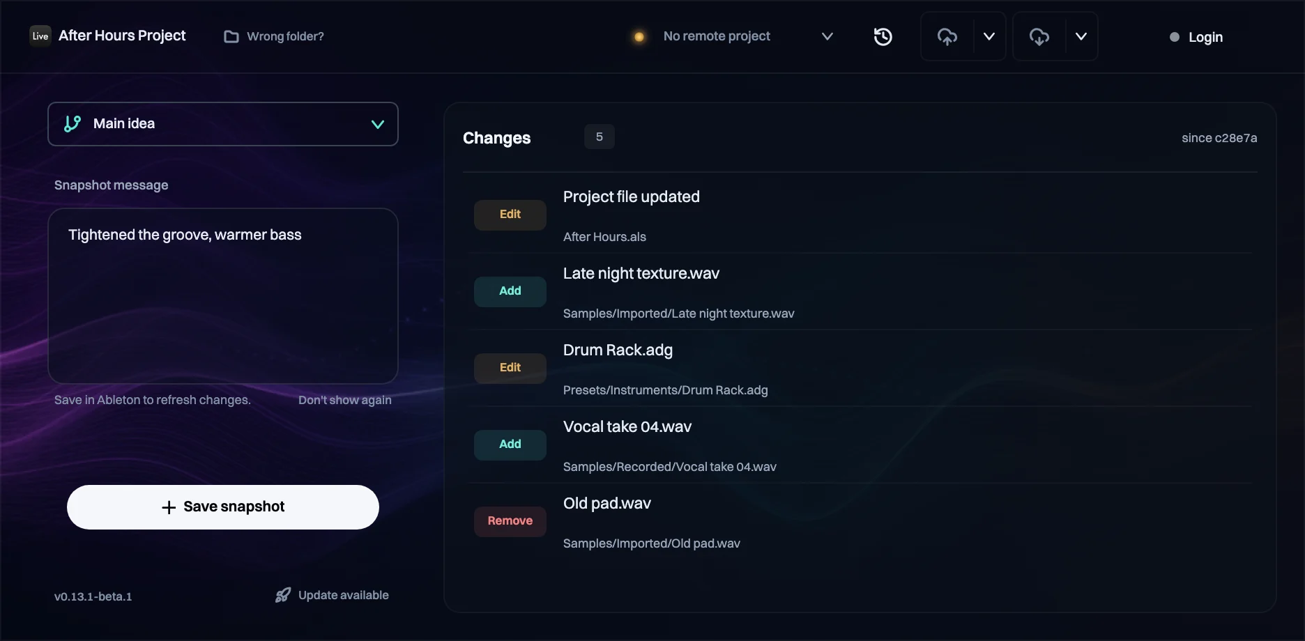 The Trove VST before it is connected, with the Login button in the top right