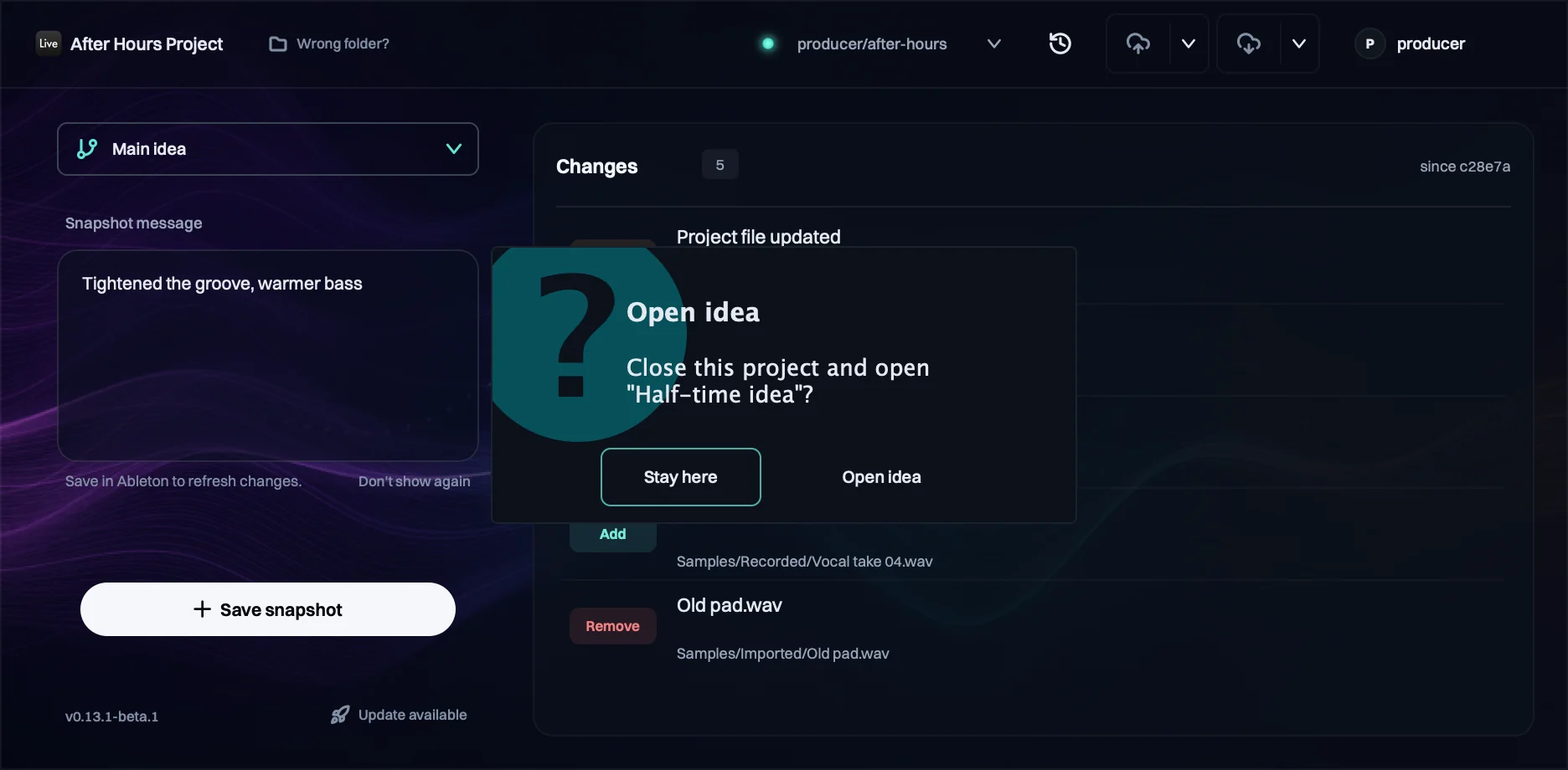 The Trove VST asking to close this project and open the Half-time idea, with Stay here and Open idea buttons