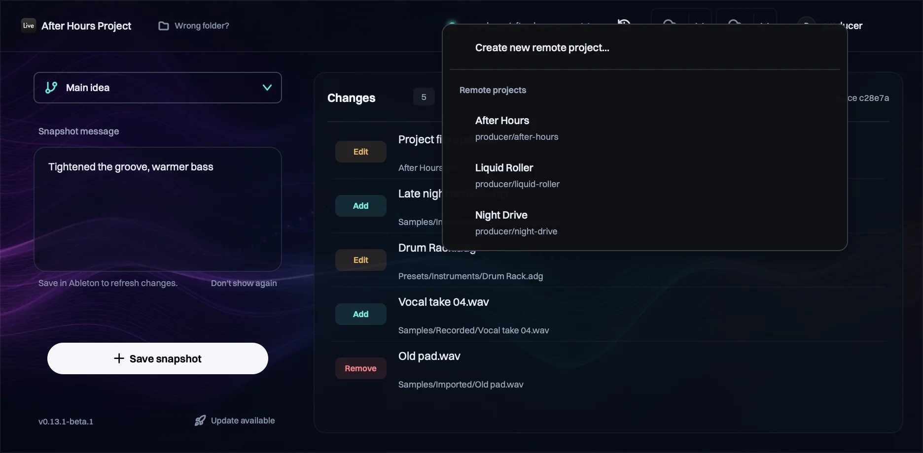 The Trove VST's project menu listing three projects under Remote projects, below Create new remote project