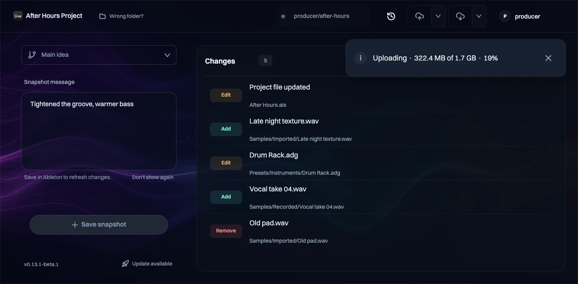 The Trove plugin uploading 322.4 MB of 1.7 GB