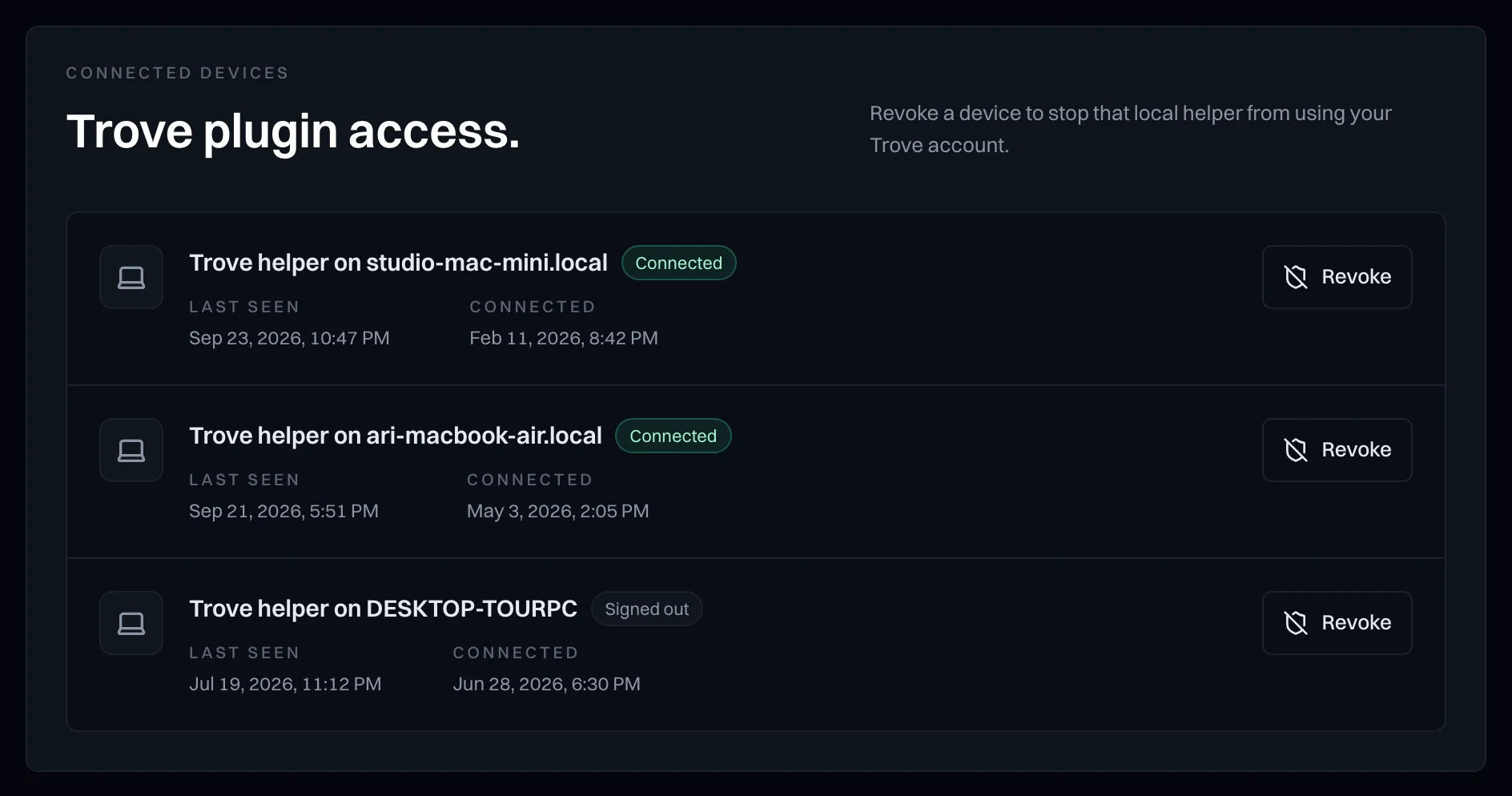 Connected devices listing two Macs and a Windows PC with when each was last seen and a Revoke button