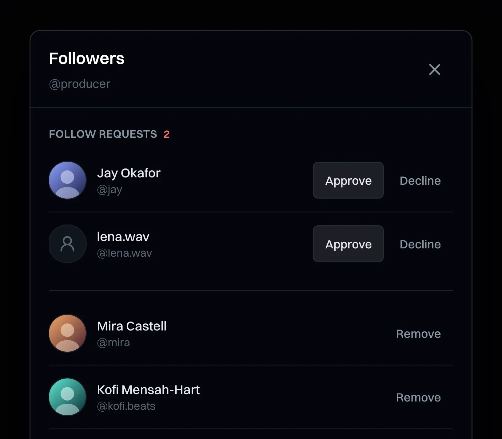 The Followers list with two follow requests to approve or decline, above followers that can be removed