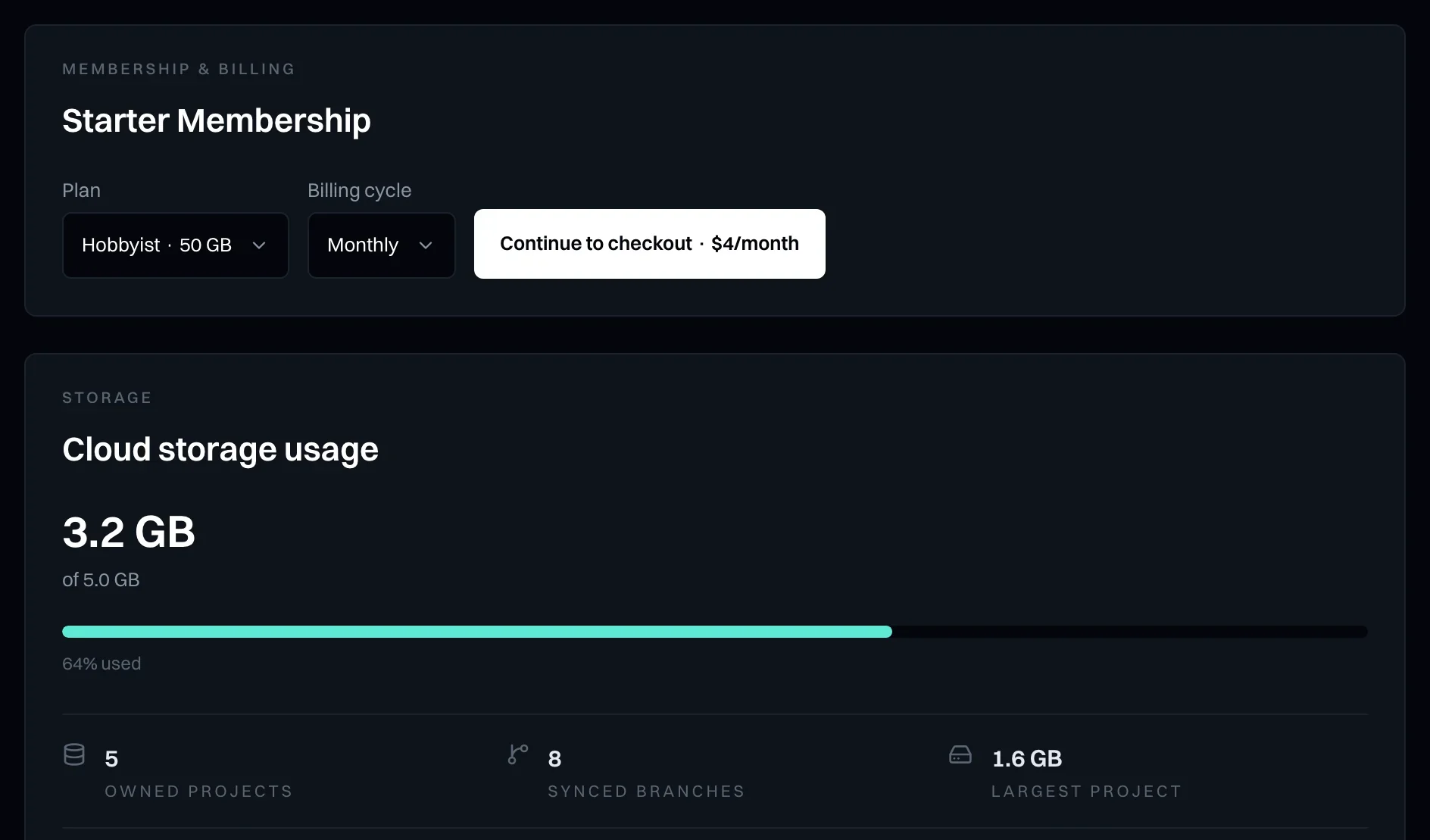 The membership card with a plan picker and checkout button, above cloud storage usage of 3.2 GB of 5.0 GB