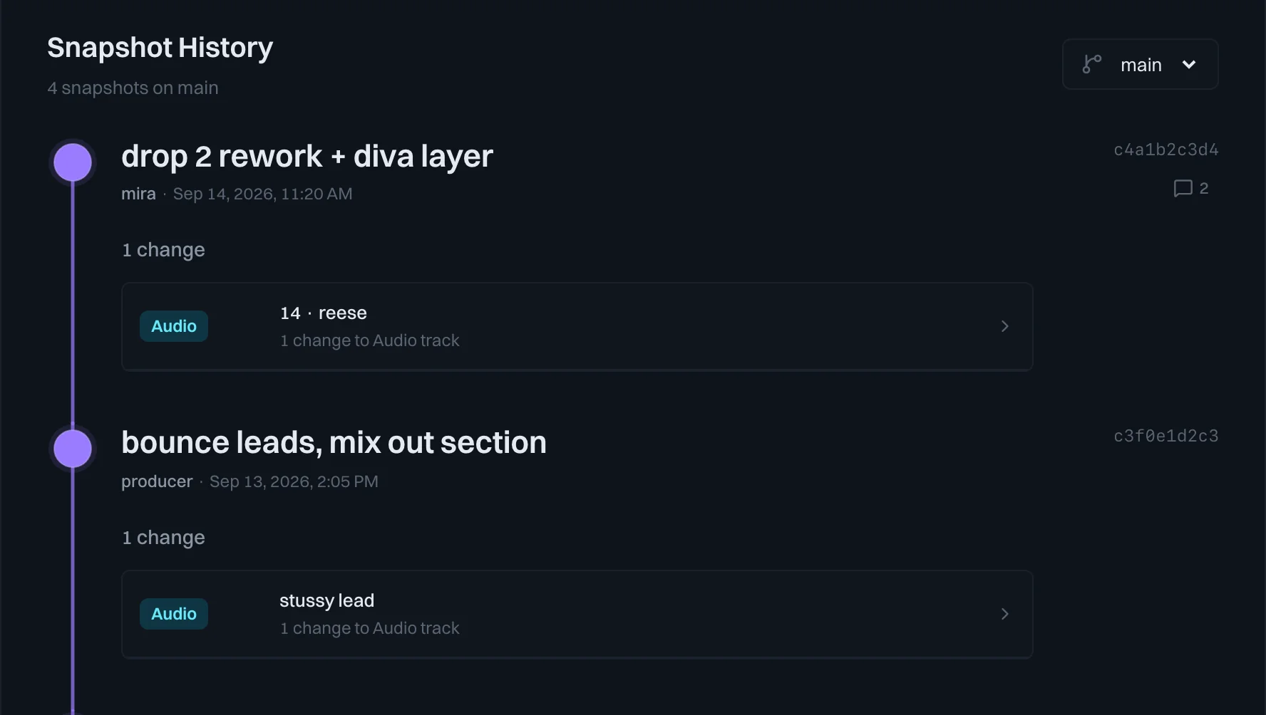 The project's snapshot history on the web, with the newest snapshot by mira above one by producer