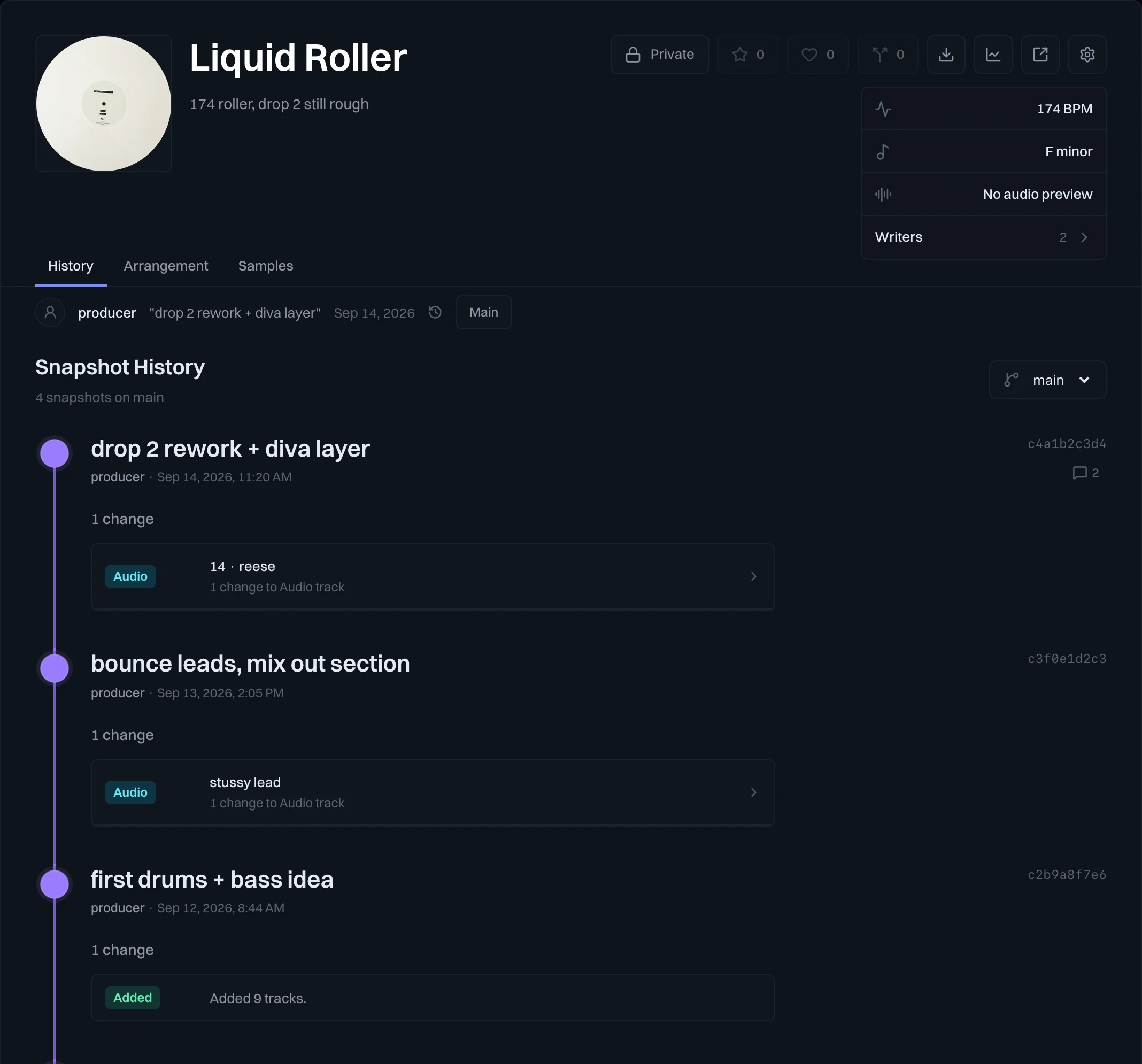 A Trove project page with the artwork, title, project stats, and snapshot history