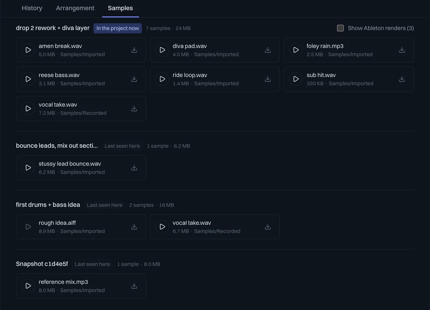 The Samples tab listing each snapshot's samples, each with a play button, size, folder, and download button