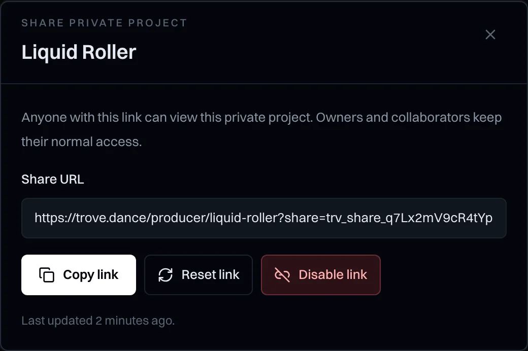 The Share private project dialog with a share link and Copy link, Reset link, and Disable link buttons